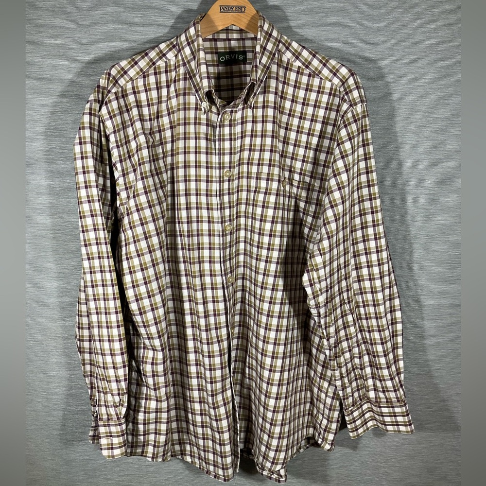 Orvis Men's Checkered Shirt Green, Purple and White, size XL